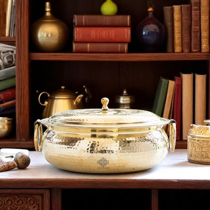 Brass Degchi With Hammered Design, Handle & Inside Tin Lining