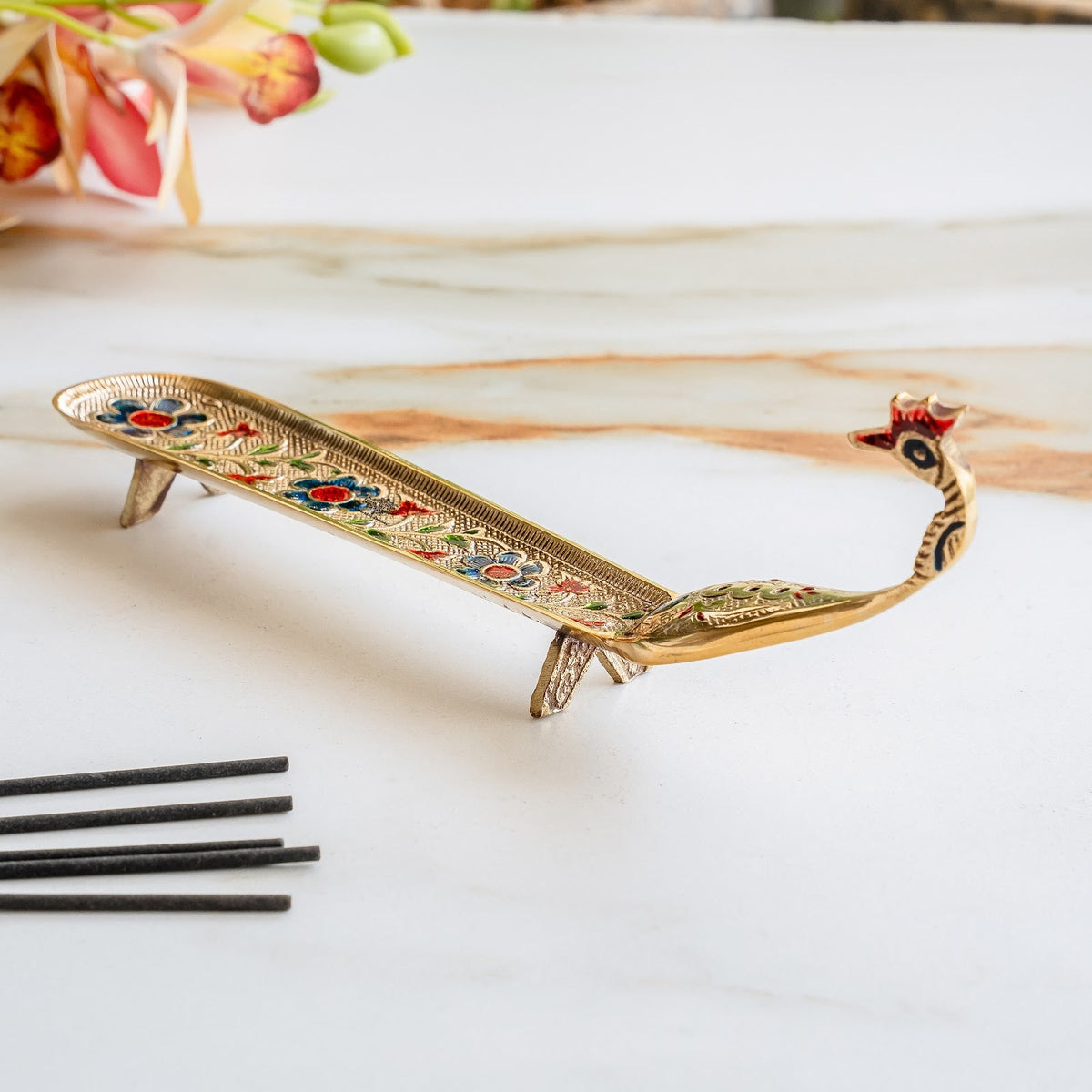 Pure Brass Agardan With Peacock Design Incense Holder - 26.16 cm