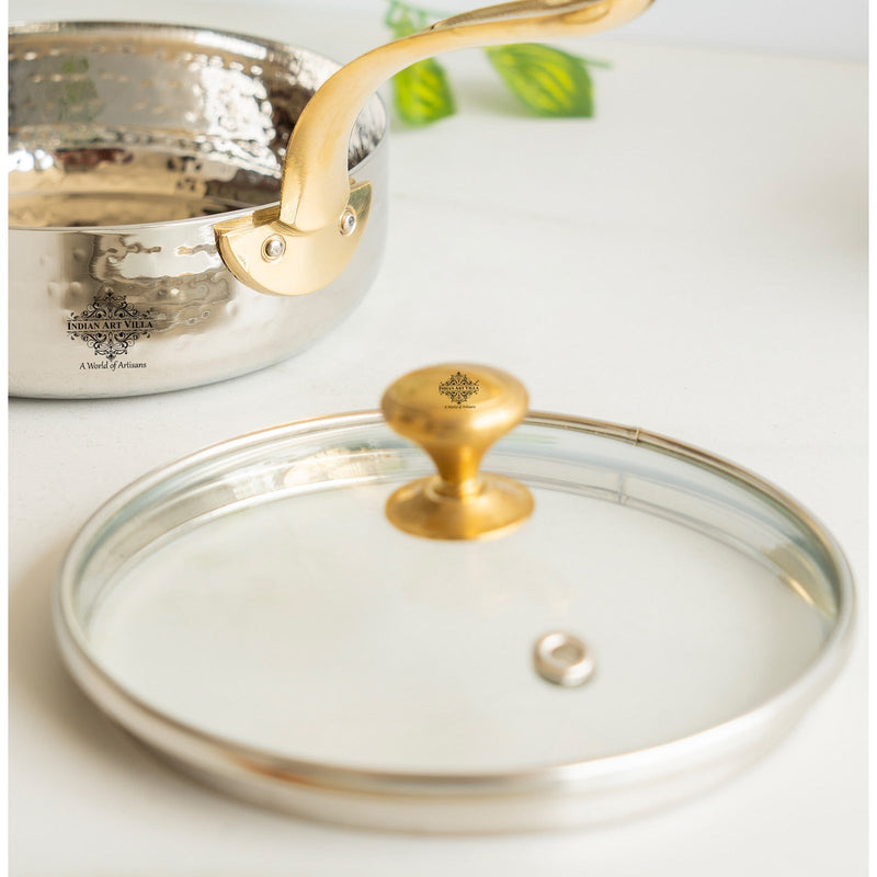Stainless Steel Hammered Serving Fry Pan with Brass Handle and Glass Lid
