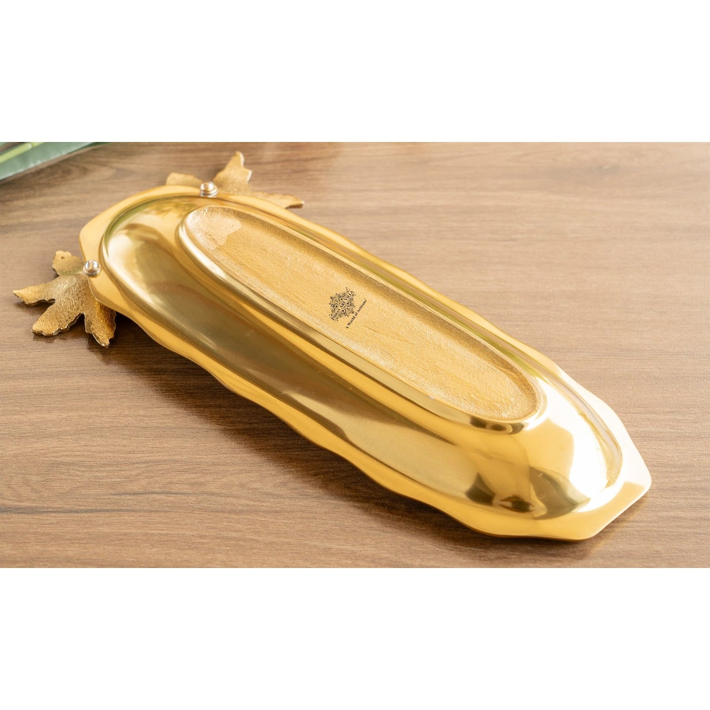 Brass Finish Decorative Serving Plate with Flower Design, Oval Platter, Elegant Tableware for Snacks, Dry Fruits, Gifting, and Home Décor.