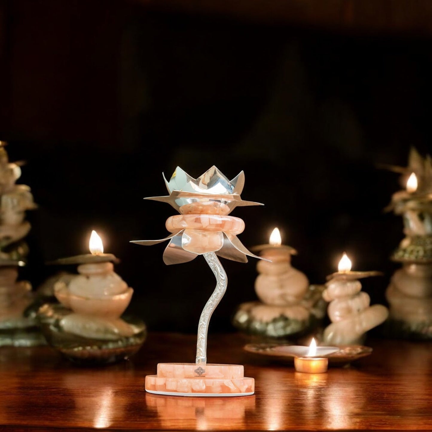 Silver Plated Resin Lamp Stand with Gift Box – Elegant Decorative Lotus Design, Perfcet For Home, Festival, Wedding And Premium Gifting