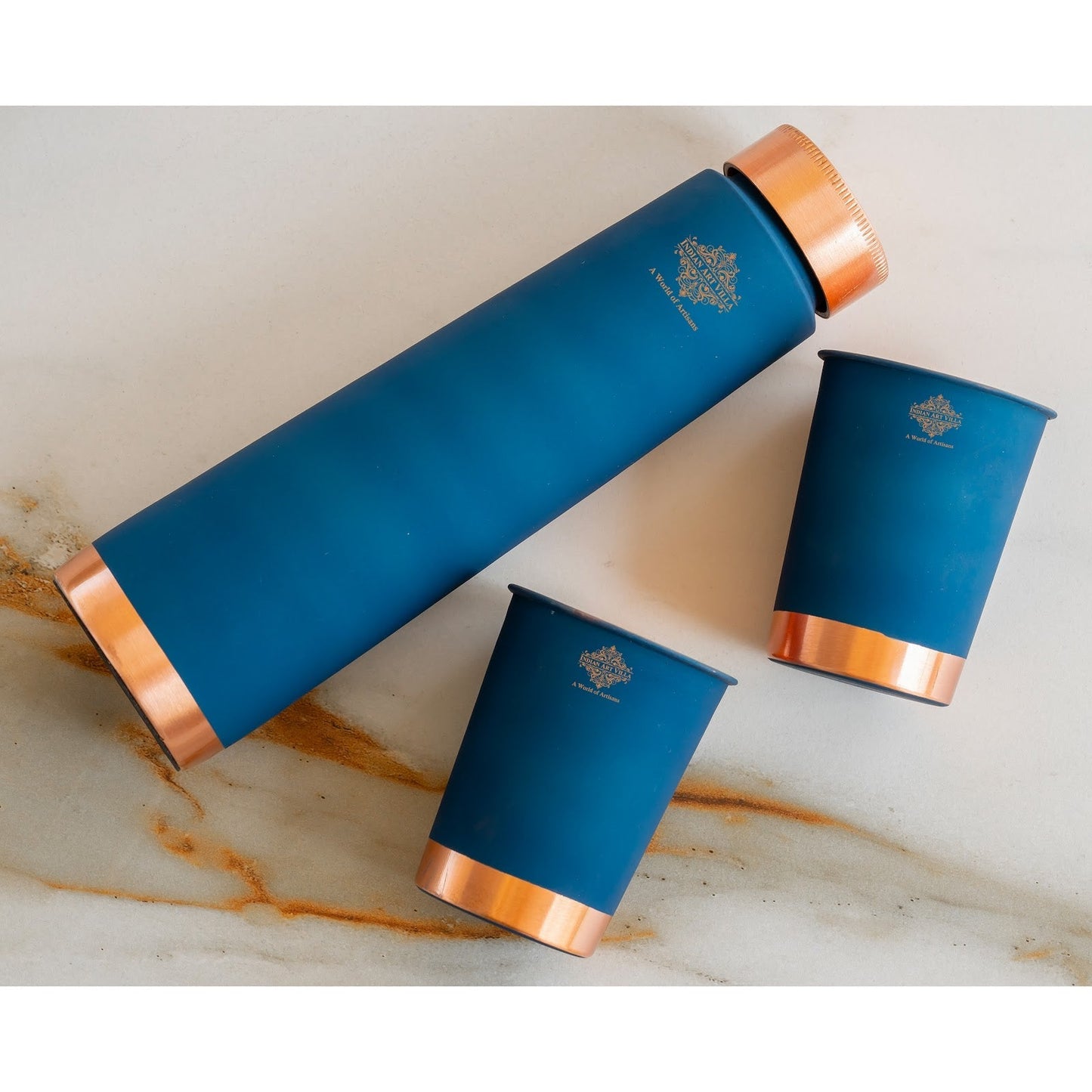 Pure Copper Bottle And Glass Set With Silk Finish Pyramid Design