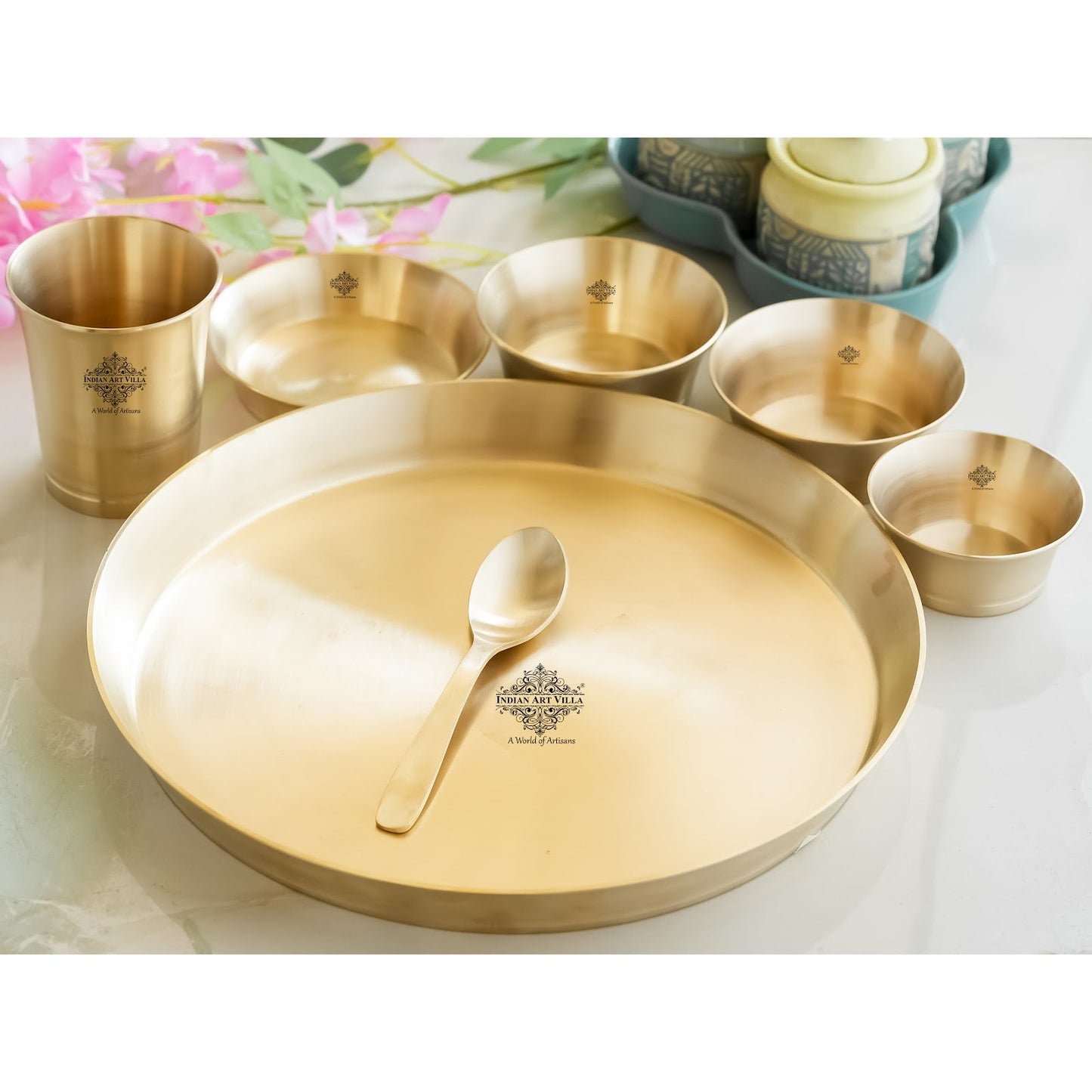 Pure Brass Matt Finish & Hammered 7 Pieces Dinner Set / Thali Set | DinnerWare |