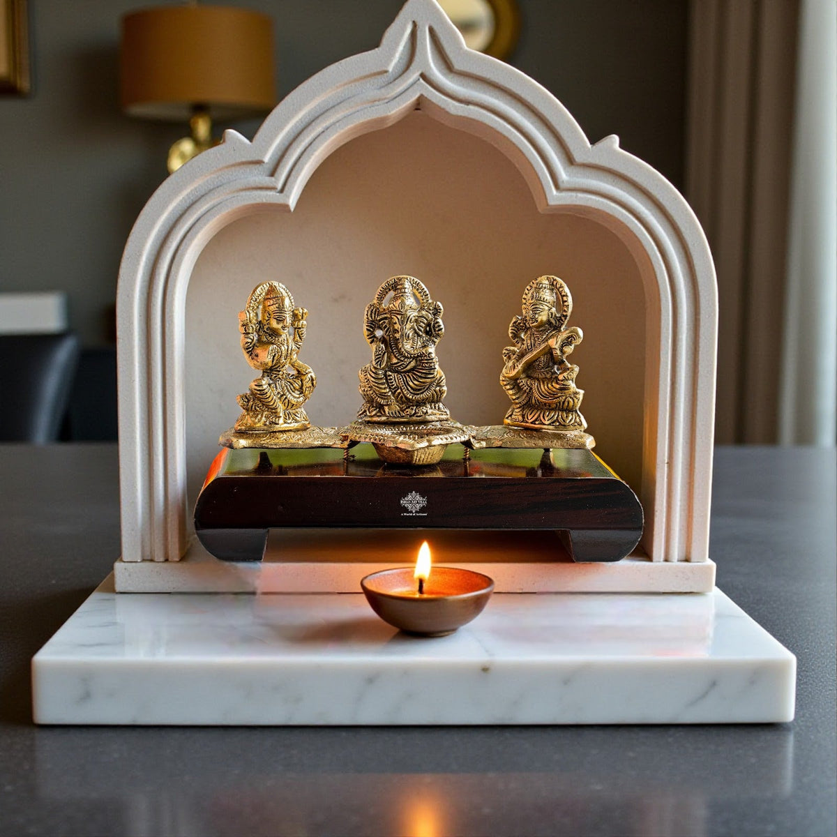 Brass Finish Ganesh Ji Laxmi JI & Saraswati Ji Murti On Wooden Base