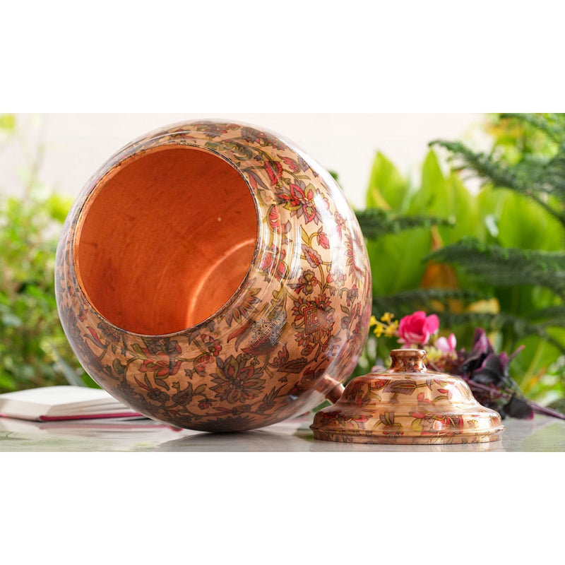 Pure Copper Water Pot | Dispenser | Matka with Printed Flower & Leaf Design, 13 Ltr.