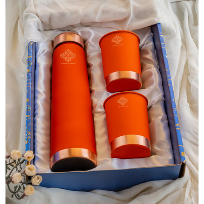 Pure Copper Bottle And Glass Set With Silk Finish Pyramid Design