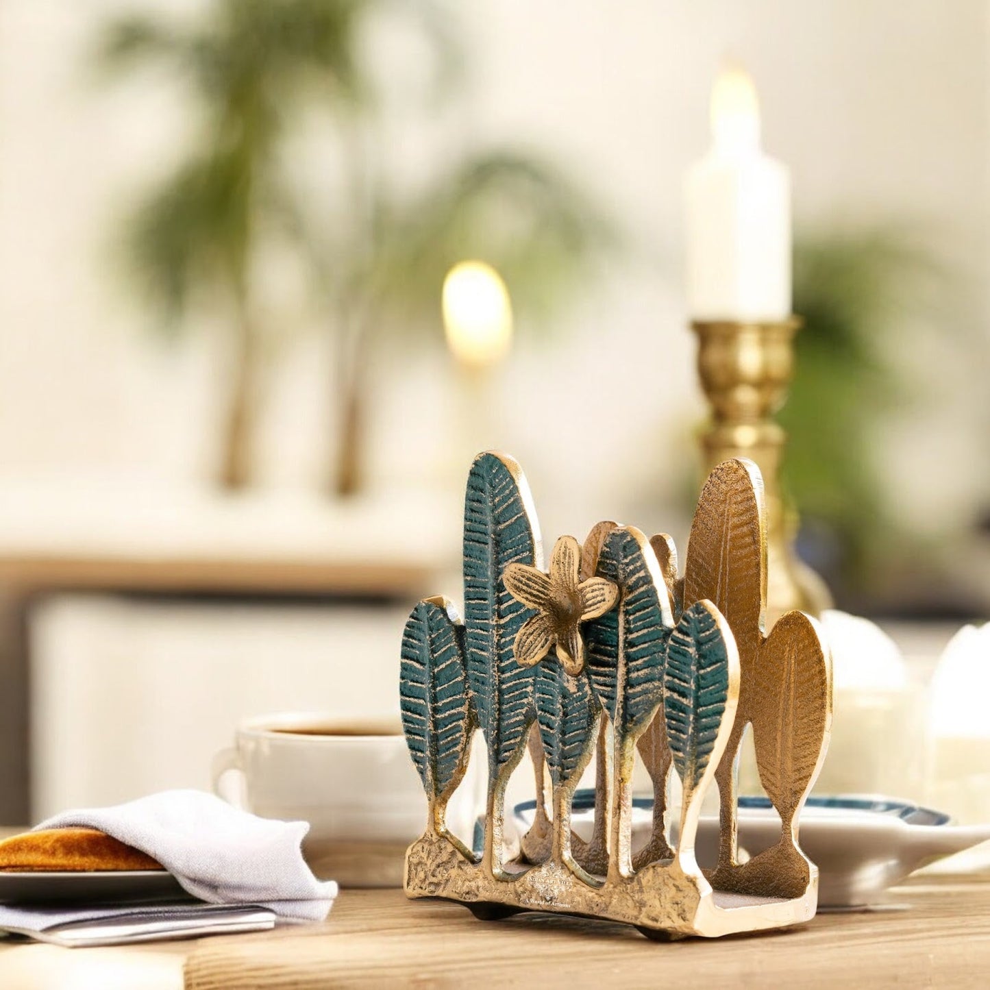 Brass Finish Green Leaf Design Decorative Napkin Tissue Holder – Luxurious Table Accessory