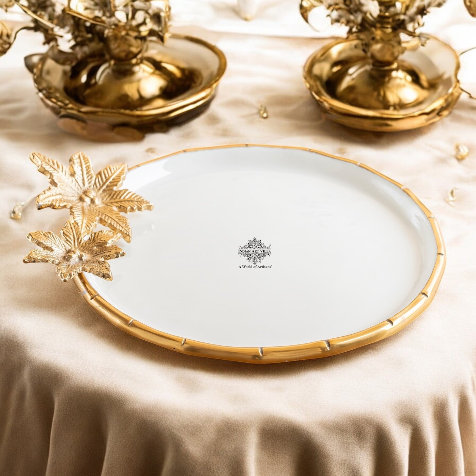 Brass Finish Decorative Serving Platter with Flower Design, Luxurious Serveware for Home Décor