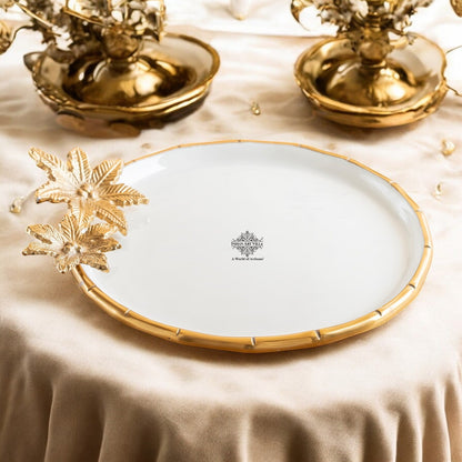Brass Finish Decorative Serving Platter with Flower Design, Luxurious Serveware for Home Décor