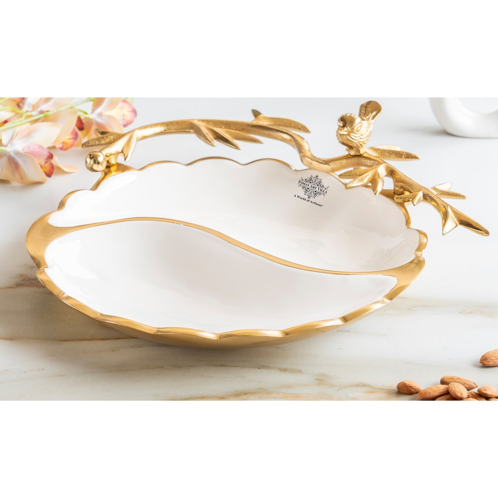 Brass Finish Decorative Serving Platter with Bird Design, Serveware for Home Décor, Gifting, and Special Occasions