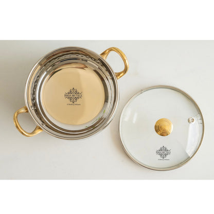 Steel Handi Hammered Design Bowl with Glass Lid Brass Knob &  Handles   – 950 ML,  Tableware & Serveware