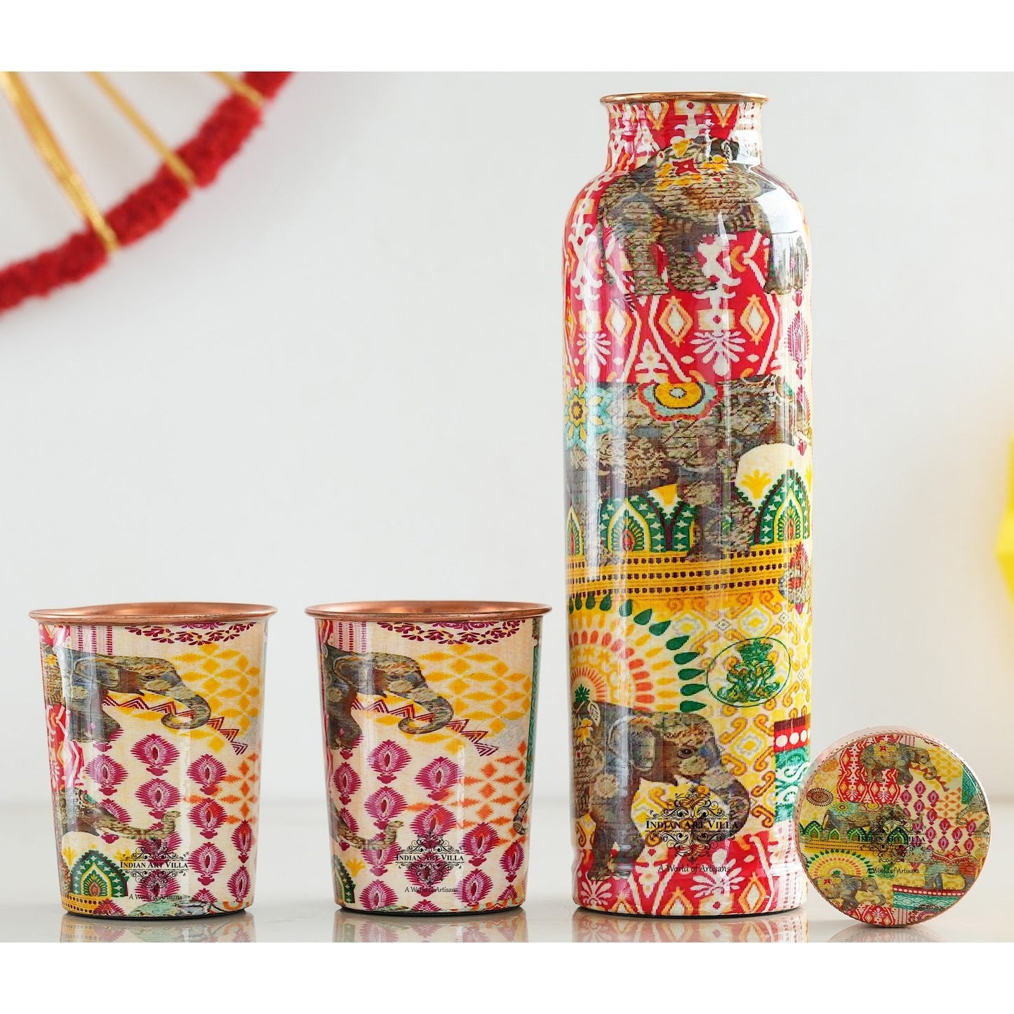 Rajasthani Meena "Padharo Mhare Desh" Printed Copper Bottle & Glass Set