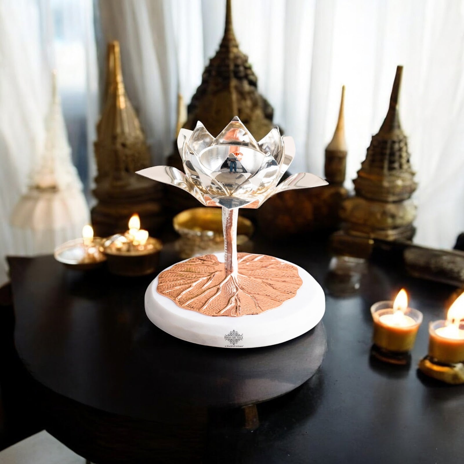 Silver-Plated Lotus Design Decorative Oil Lamp – Elegant Diya/Oil Lamp for Home, festival, Wedding Decoration