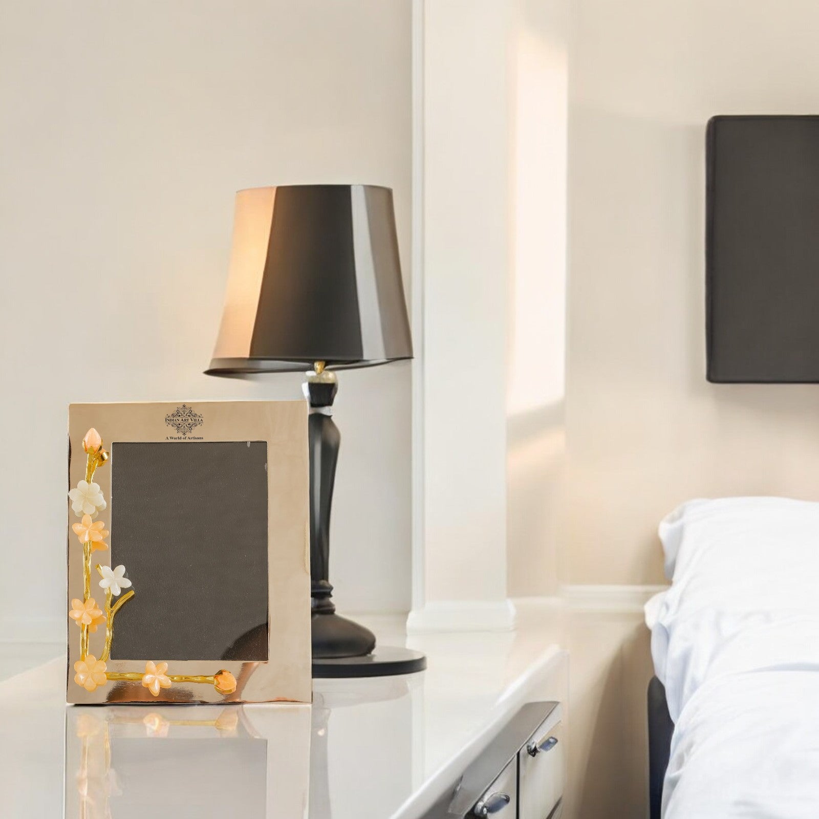 Silver Plated Photo Frame, Lotus Bird Flowers Design, 9.5x7.5 Inches Frame for 7x5 Photo Size, Ideal for Home Décor