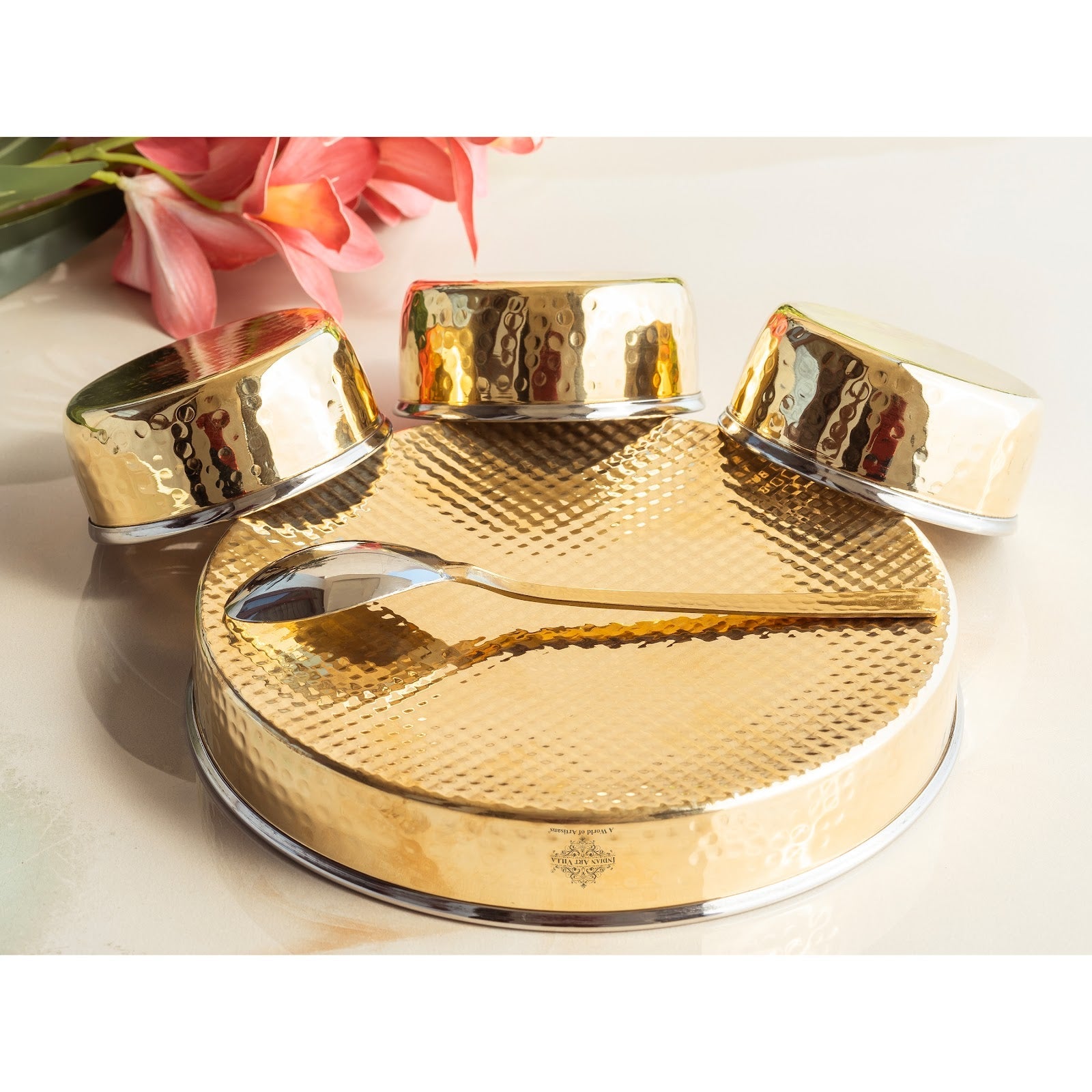 Brass Mukhwas Set – 3 Bowls with 8-Inch Hammered Plate & Spoon | Perfect for Serving Mouth Fresheners, Dry Fruits, Sweets at Home, Parties, Restaurants, and Festive Occasions