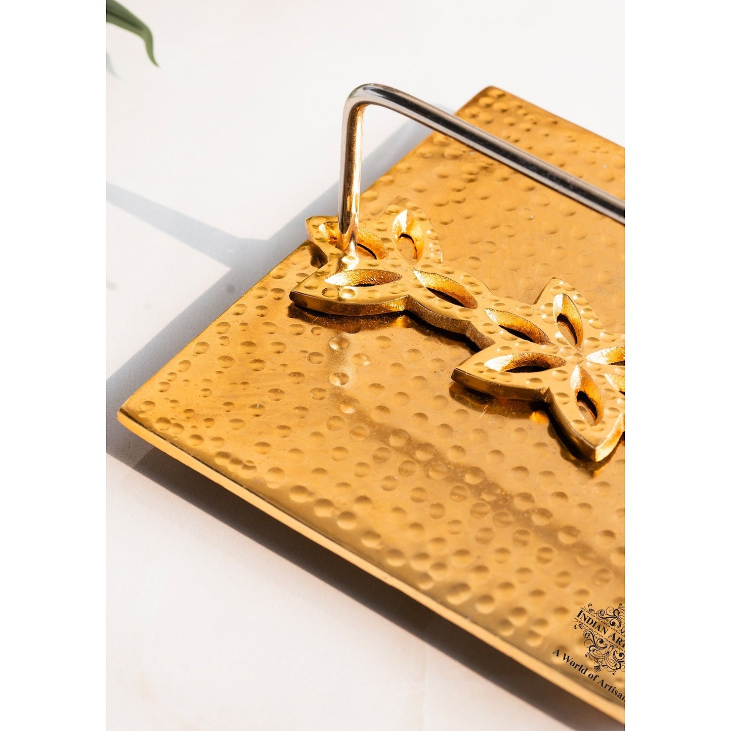 Brass Finish Hammered Napkin Holder with Floral Design - Elegant Table Accessory for Dining, Kitchen, Office, and Gifting