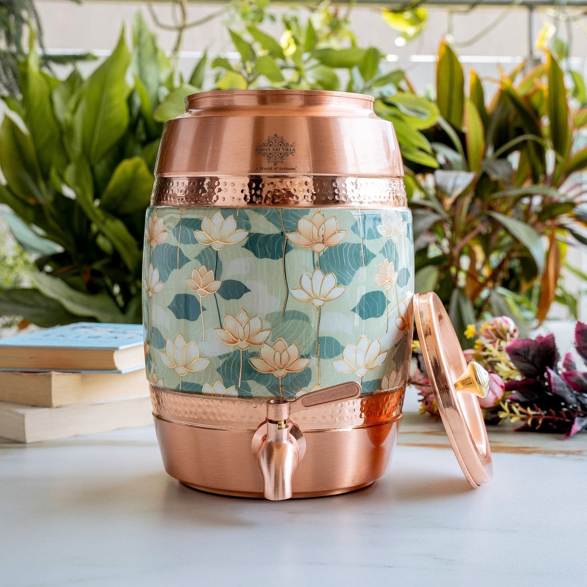 Copper Water Pot with Hammered Lotus Design & Brass Tap – 5300 ML