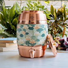 Copper Water Pot with Hammered Lotus Design & Brass Tap – 5300 ML