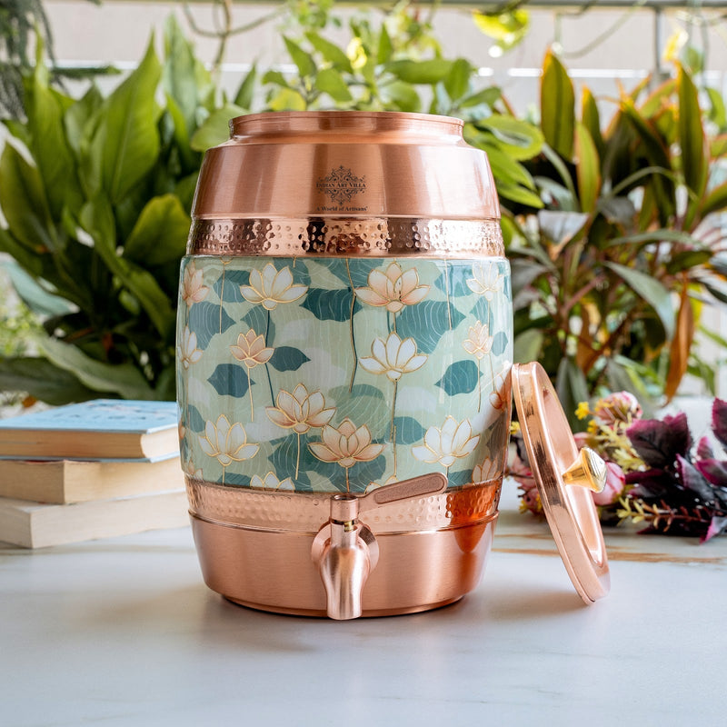 Copper Water Pot with Hammered Lotus Design & Brass Tap – 5300 ML