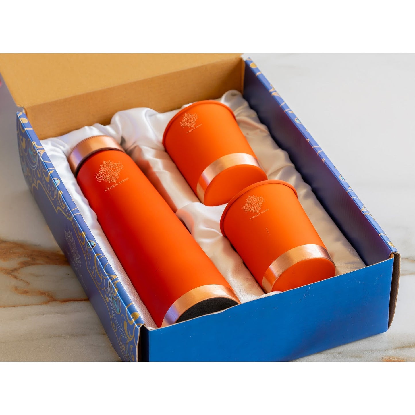 Pure Copper Bottle And Glass Set With Silk Finish Pyramid Design