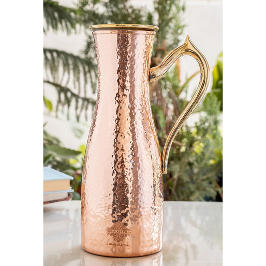 Copper Jug with Hammered Curve Design, Brass Handle & Lid – 1400 ML