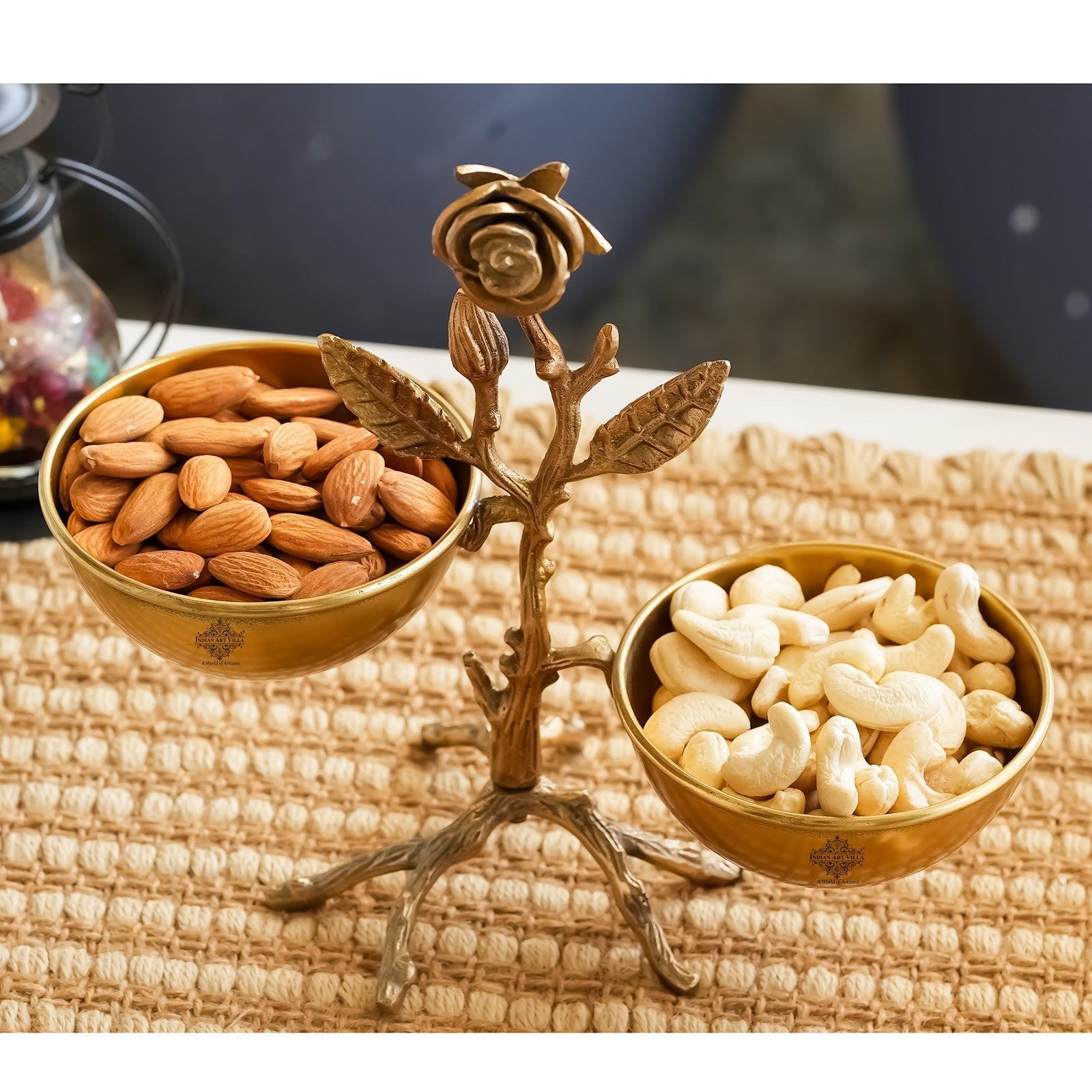 Pure Brass Handmade Decorative Dry Fruit Bowl with Tree Design