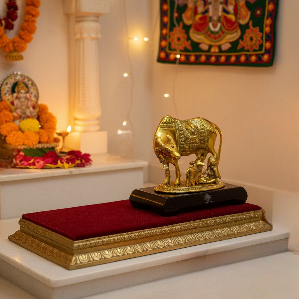 Brass Finish Kamadhenu Cow With Calf & Kanha JI