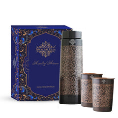 Antique Finished Embossed Design Drinkware Gift Set of Copper Pyramid Shape Bottle & Copper Glass