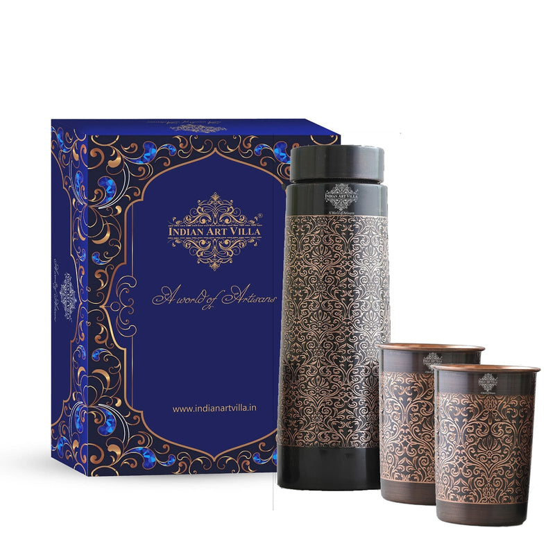 Antique Finished Embossed Design Drinkware Gift Set of Copper Pyramid Shape Bottle & Copper Glass