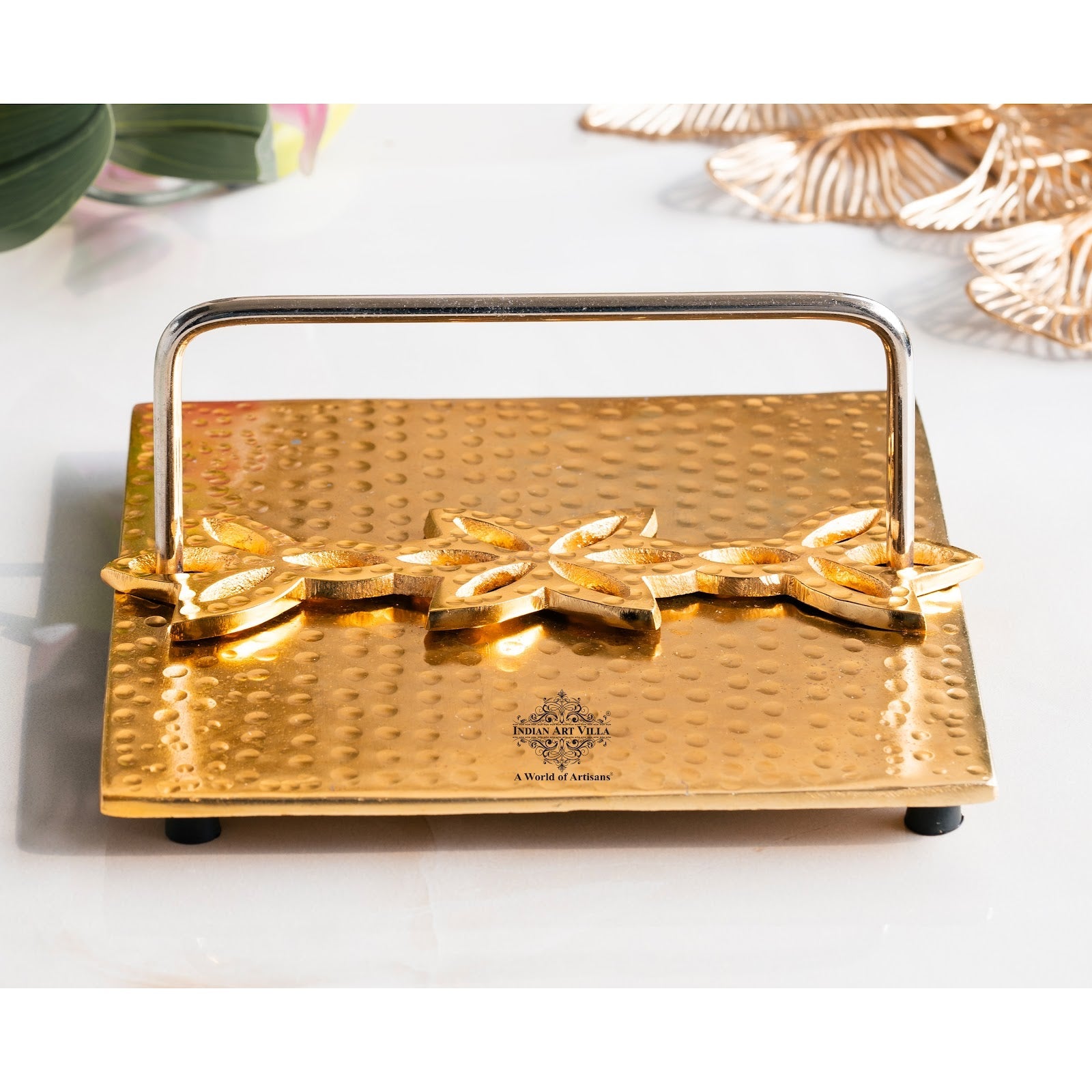 Brass Finish Hammered Napkin Holder with Floral Design - Elegant Table Accessory for Dining, Kitchen, Office, and Gifting