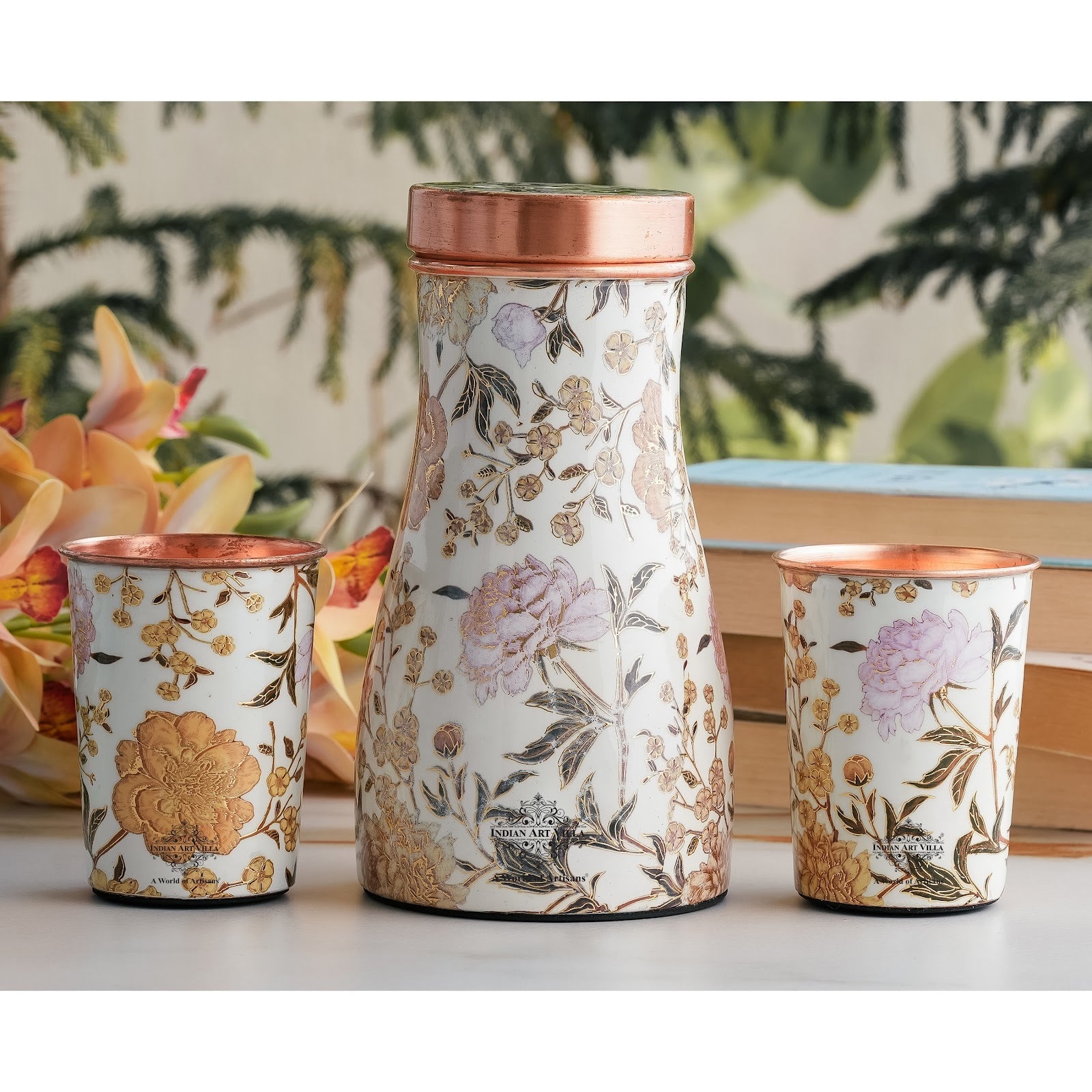 Copper Gold Printed Bedroom Bottle with 2 Glass Set – 900 ML Bottle & 300 ML Glass