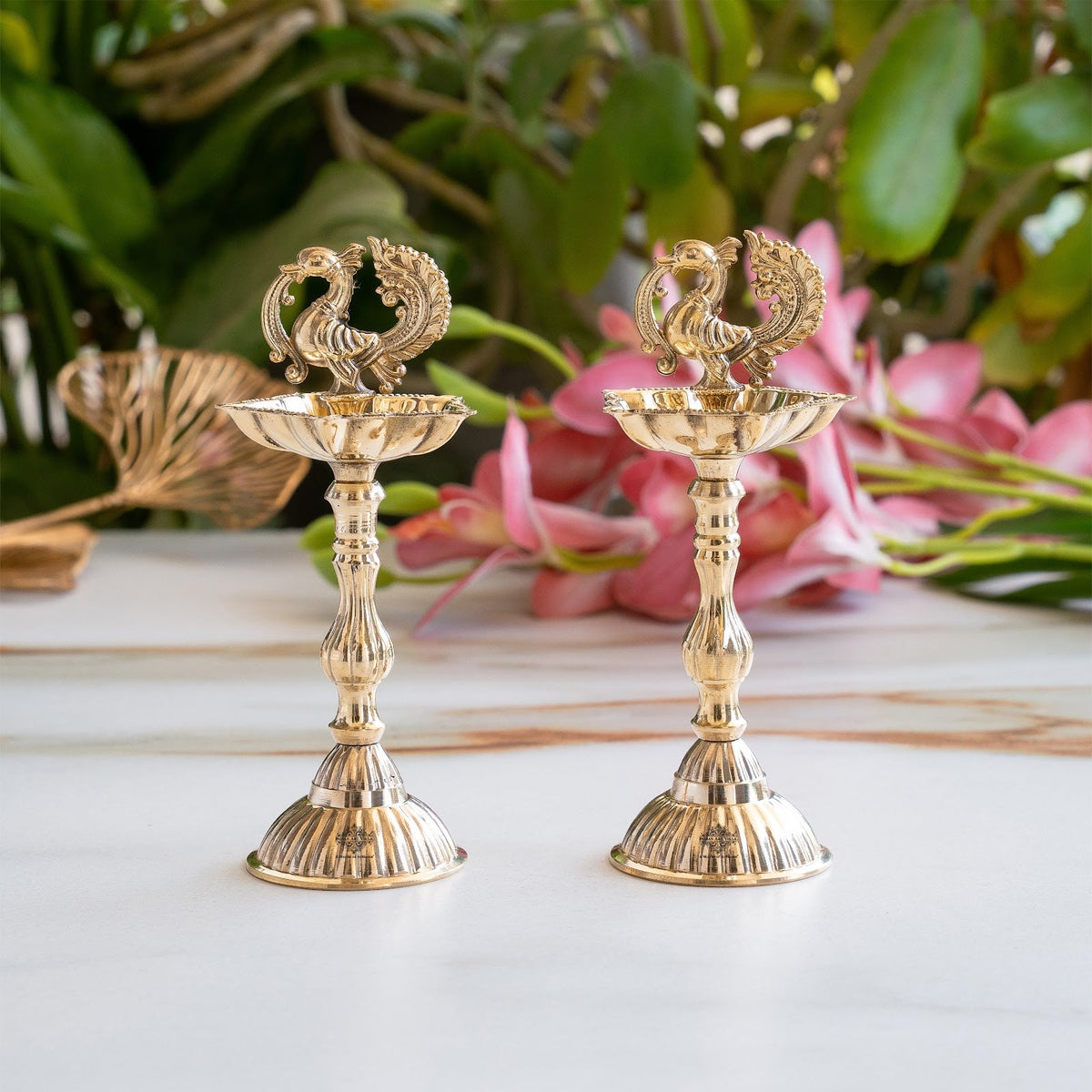 Brass Pillar Diya Set of 2 - Standing Oil Lamps