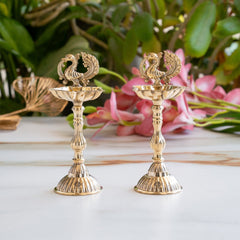 Brass Pillar Diya Set of 2 - Standing Oil Lamps