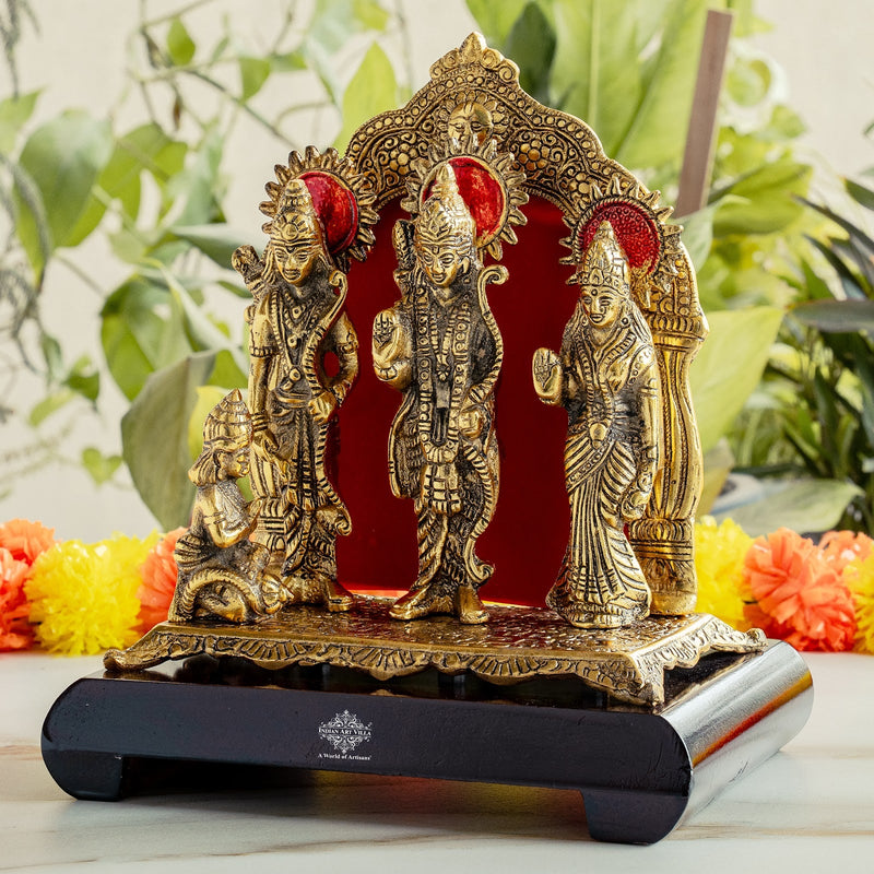 Brass Finish Ram Darbar Murti with Wooden Base for Home Temple