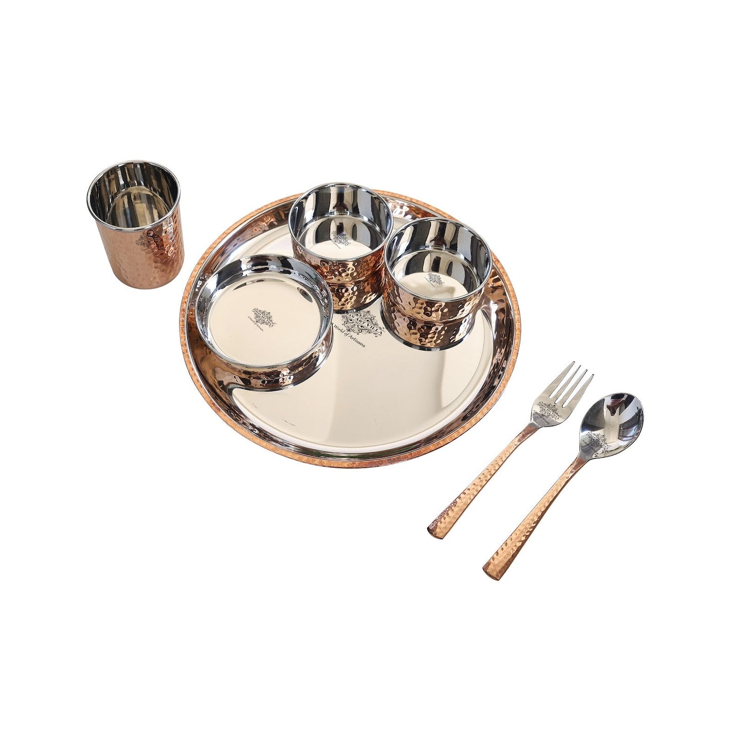 Steel Copper Hammered Design 7 Pieces Dinner Set/Thali Set of 1 Thali, 1 Glass, 1 Spoon, 1 Fork, 1 Small Plate & 2 Bowls, Dinnerware, Tableware Or Crockery
