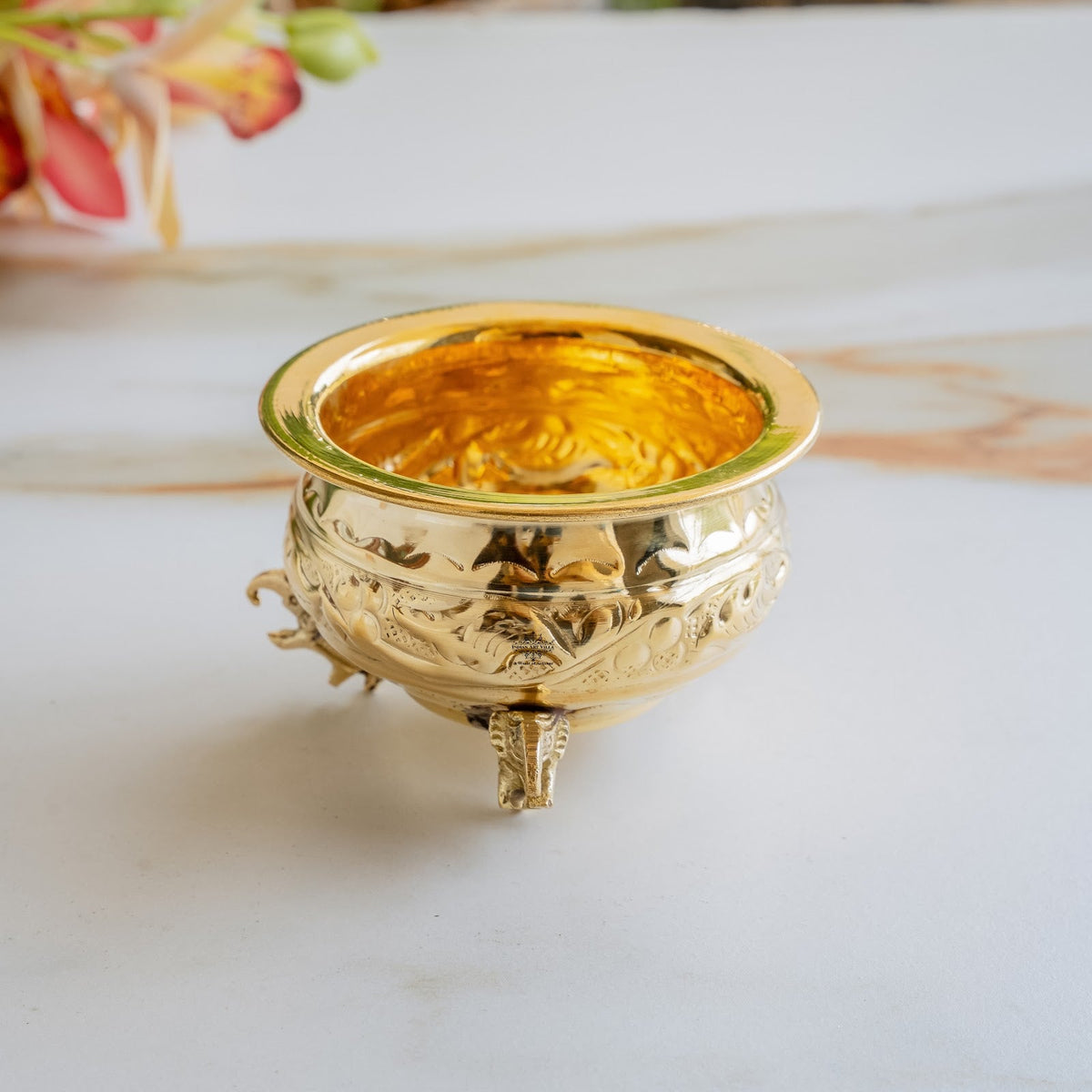 Pure Brass Mini Urli with Elephant-Head Legs For Home Décor - 250 ML