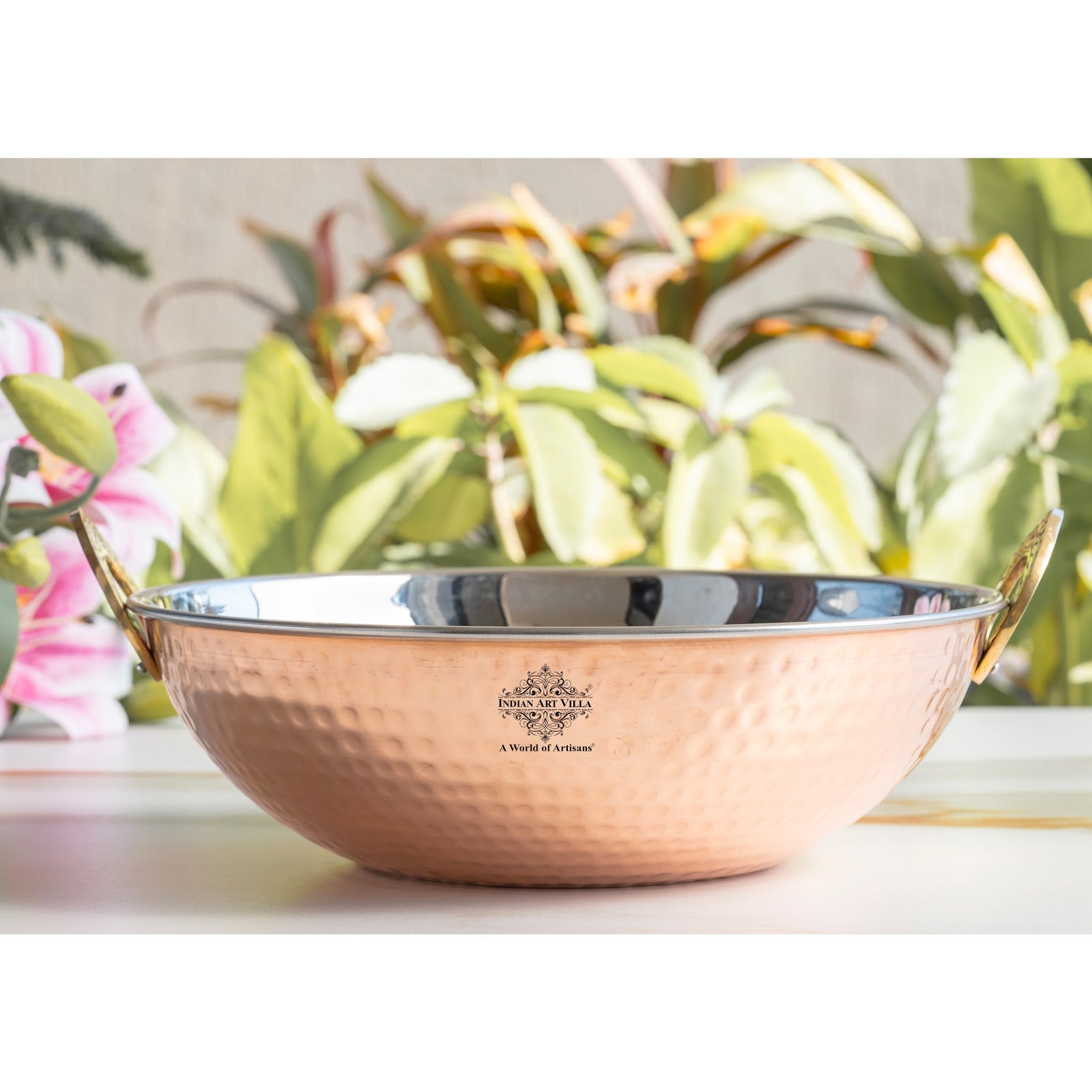 Steel Copper Hammered Design Kadhai - Elegant Serveware with Brass Handles, Traditional Indian Tableware for Dining, Special Occasions & Gifting
