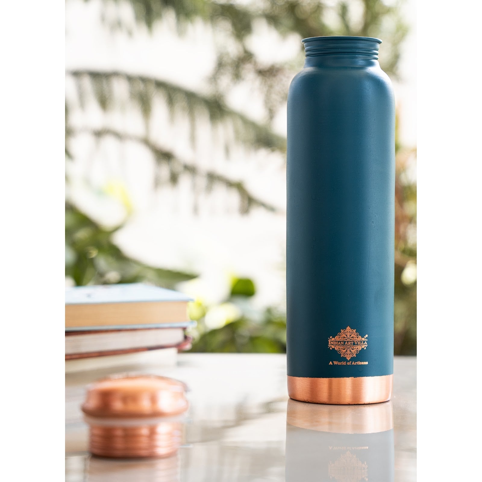 Copper Bottle with Silk Finish Lacquer Coating – Teal Blue Color, 900 ML