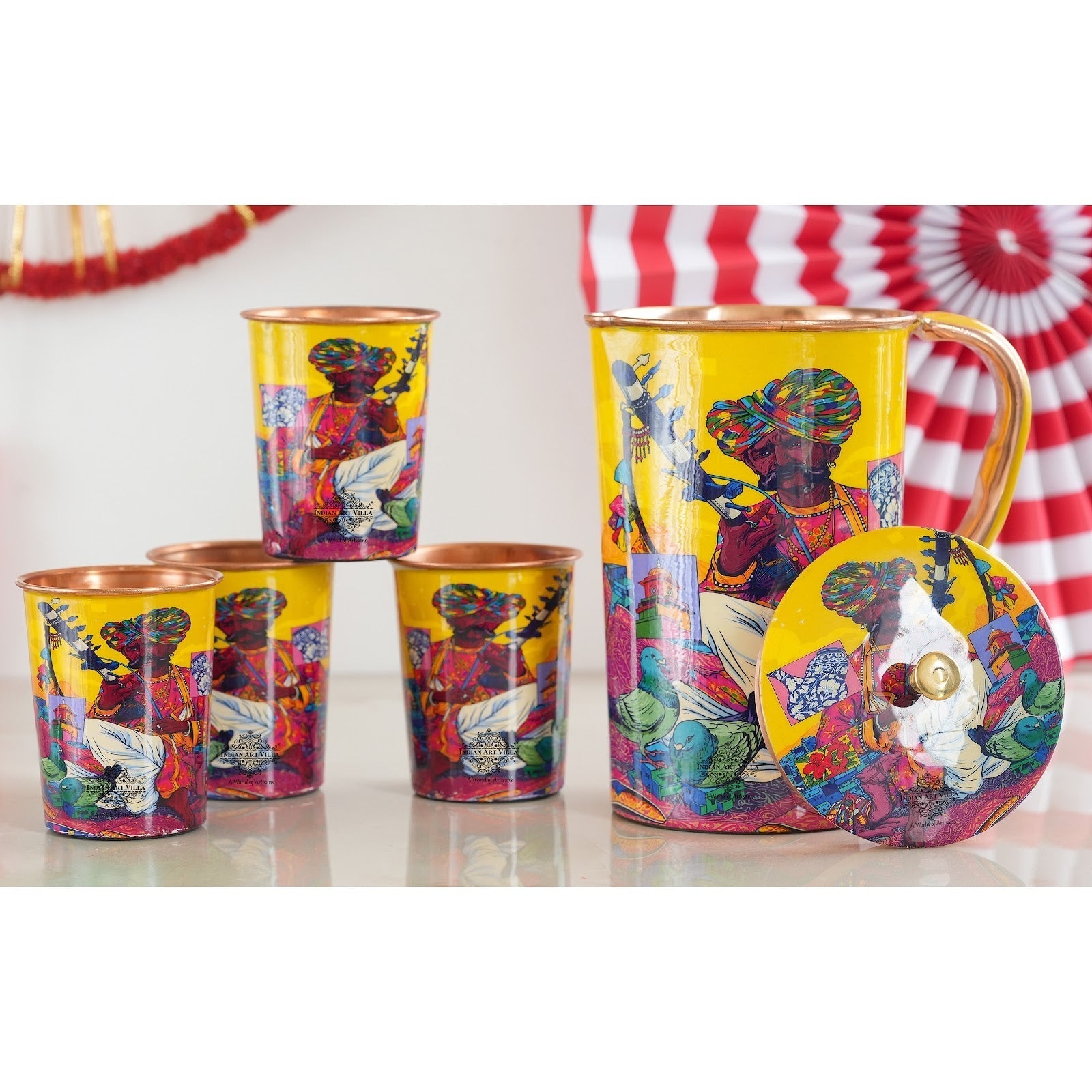 Pure Copper Printed Padharo Mhare Desh Jug & Glass Gift Set