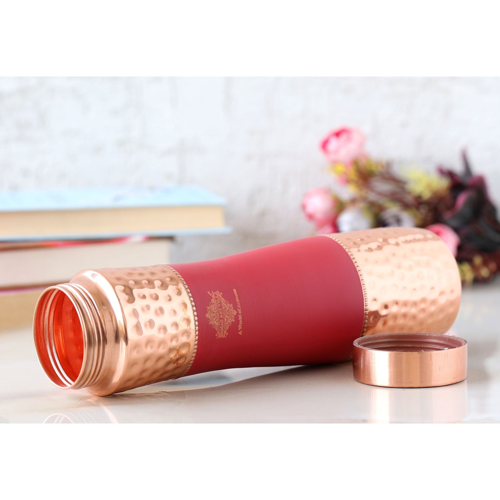 Pure Copper Bottle with Half Hammered and Half Silk Finish Color Design