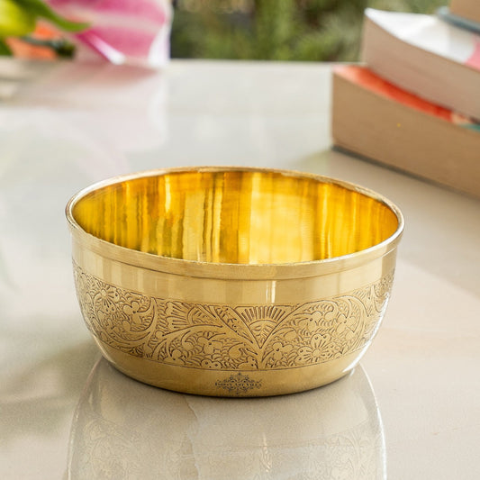 Pure Brass Embossed Design Flat Bottom Bowl, Decorative Dinnerware, Tableware and Serveware for Home Hotel Restaurant, Volume-200 ml
