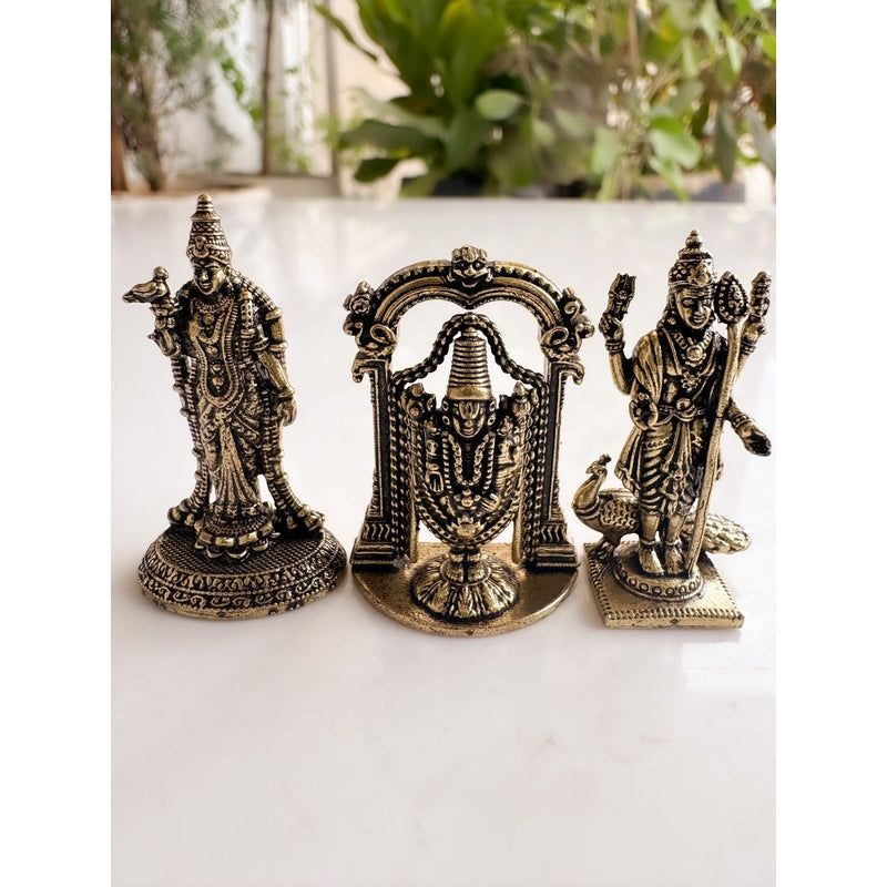 Pure Brass Miniature South Indian Deity Idol Combo for Home Mandir & Décor