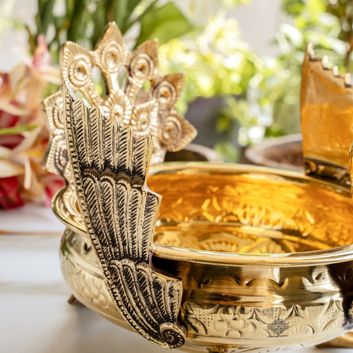 Pure Brass Peacock Urli Bowl with Ornate Handles for Home Decor