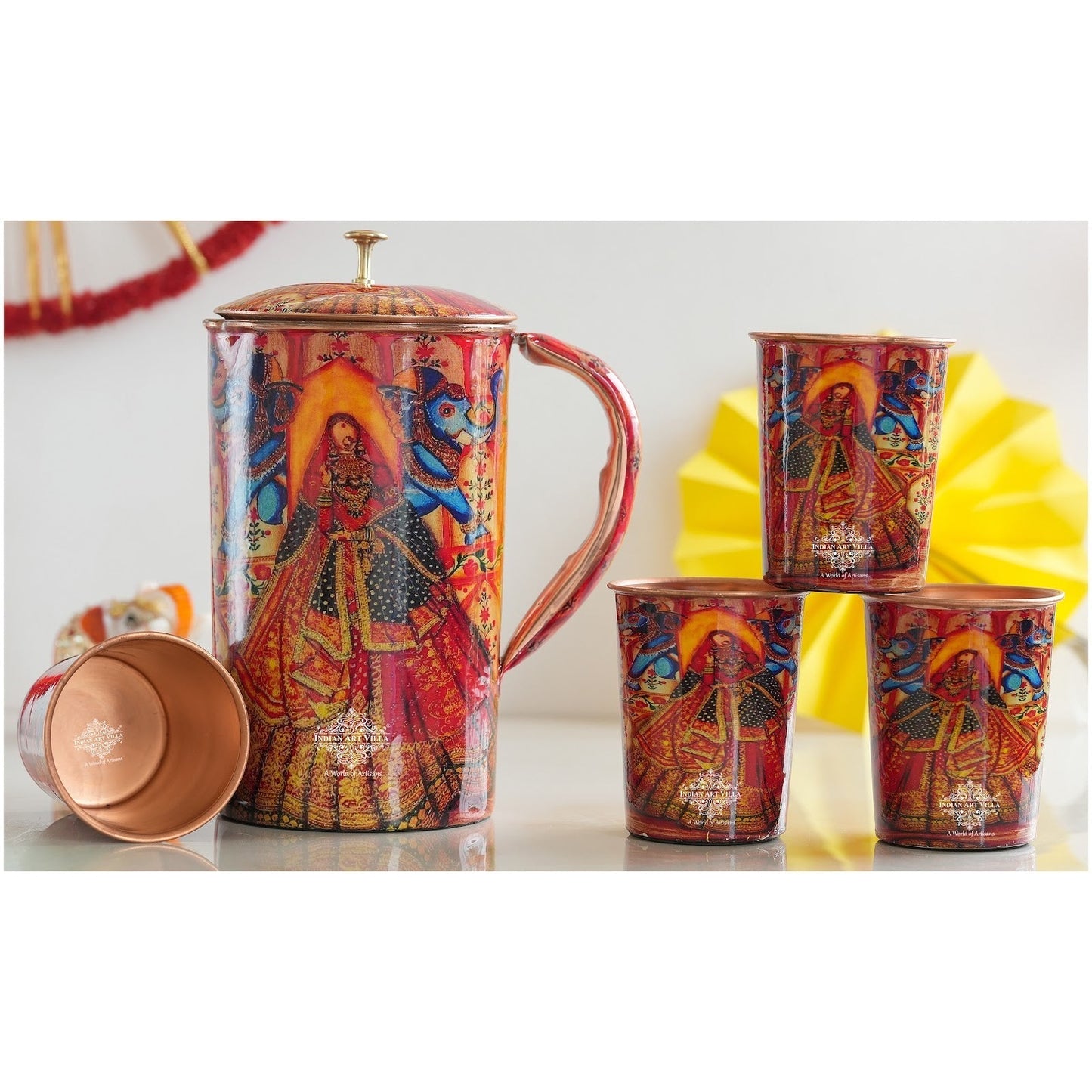 Pure Copper Printed Padharo Mhare Desh Jug & Glass Gift Set