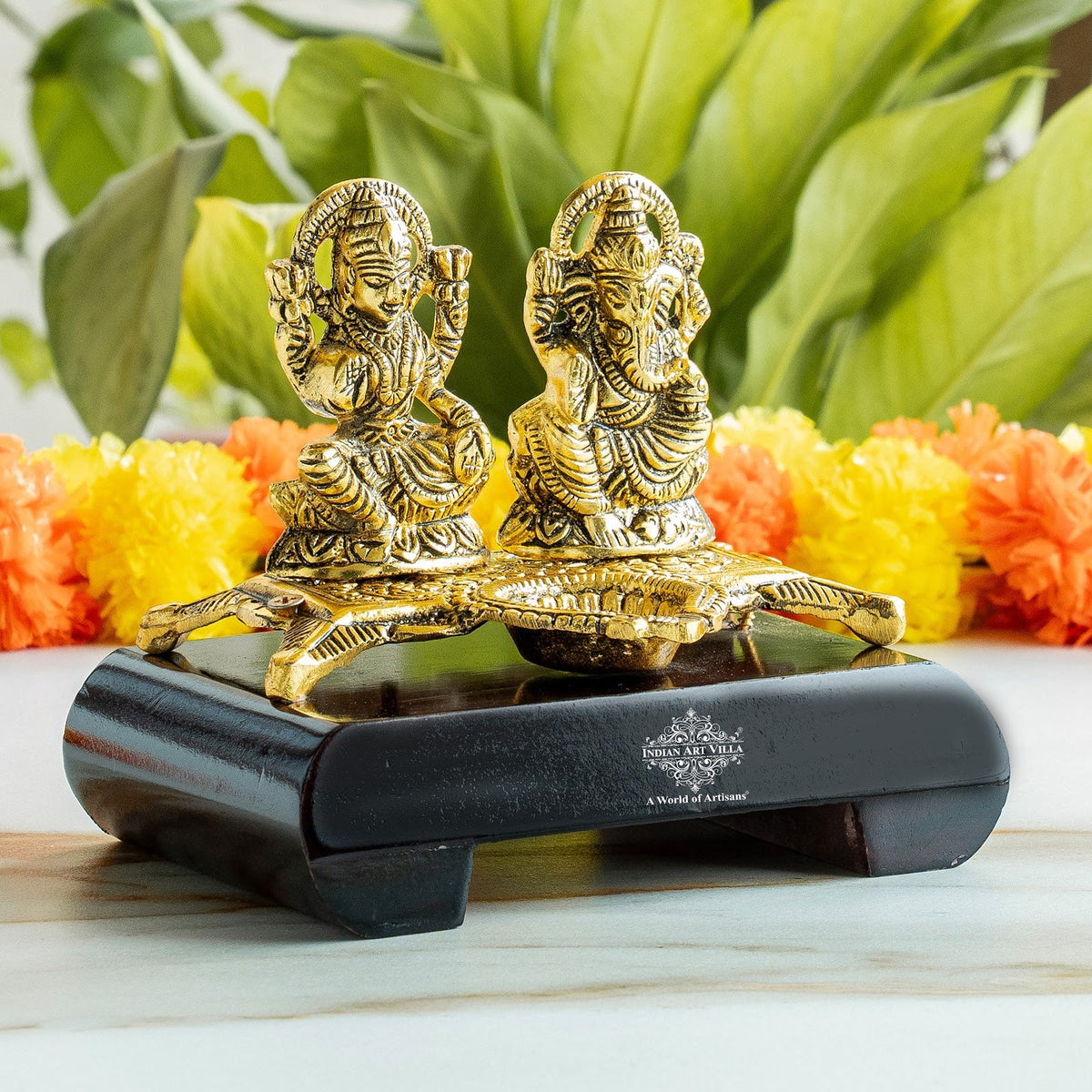 Brass Finish Ganesh Ji With Laxmi JI Murti with Wooden Base