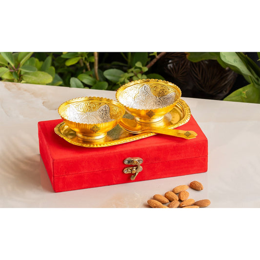 Silver Plated Gold Polished Embossed Floral Design 2 Bowl Set With 2 Spoons & 1 Tray