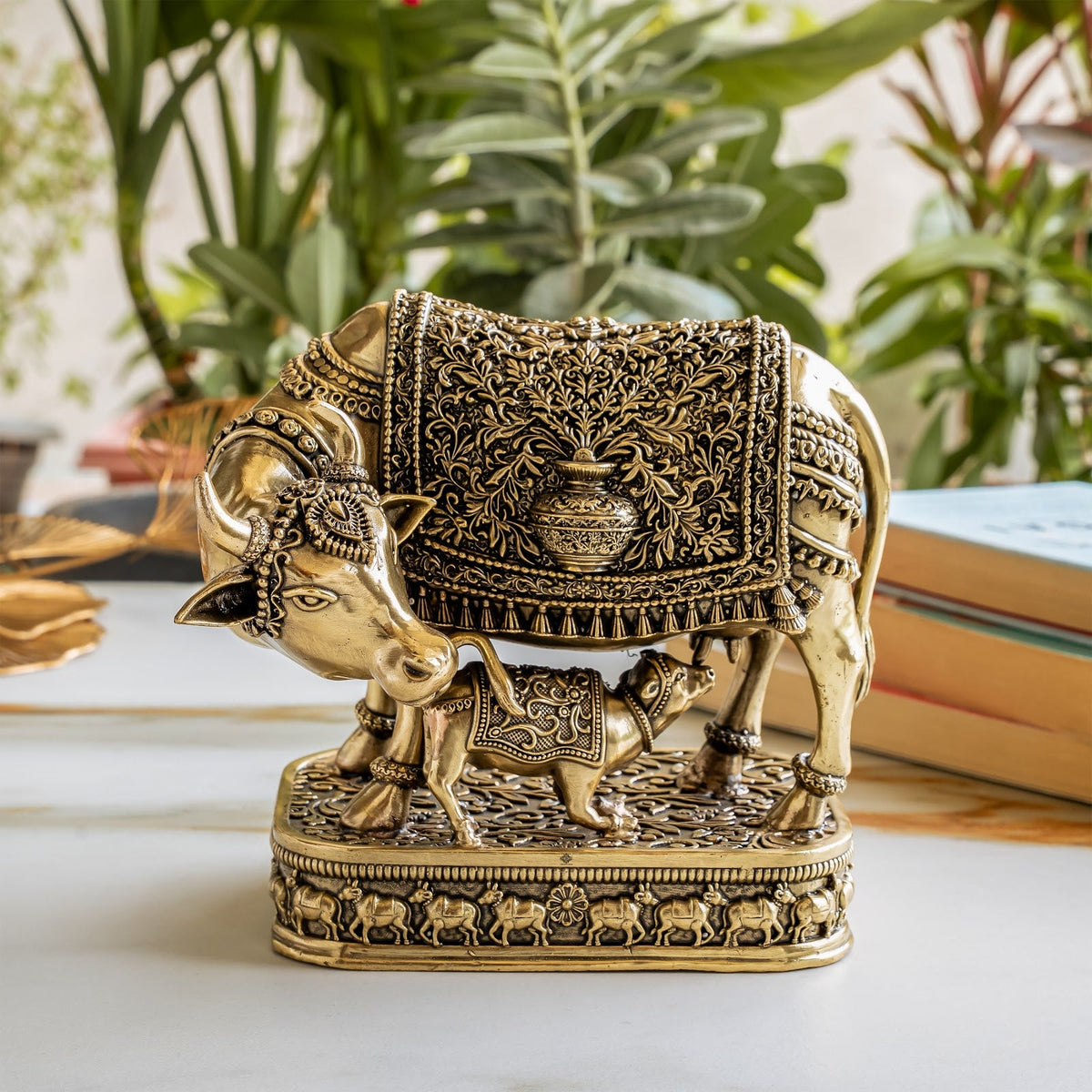 Pure Brass Kamdhenu Cow with Calf For Home Temple - 15.24 cm.
