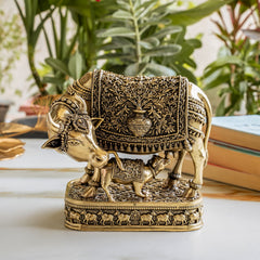 Pure Brass Kamdhenu Cow with Calf For Home Temple - 15.24 cm.