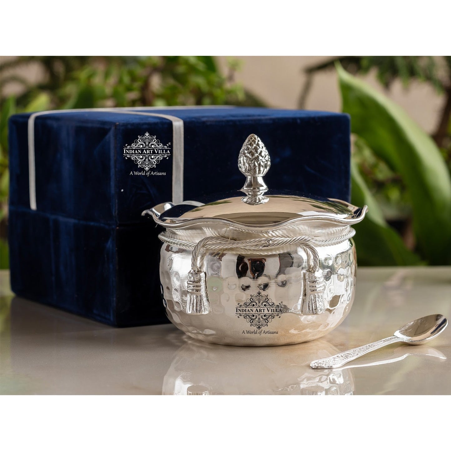 Luxury Silver-Plated Bowl with Hammered Finish & Matching Spoon – Elegant Gift Set for All Occasions