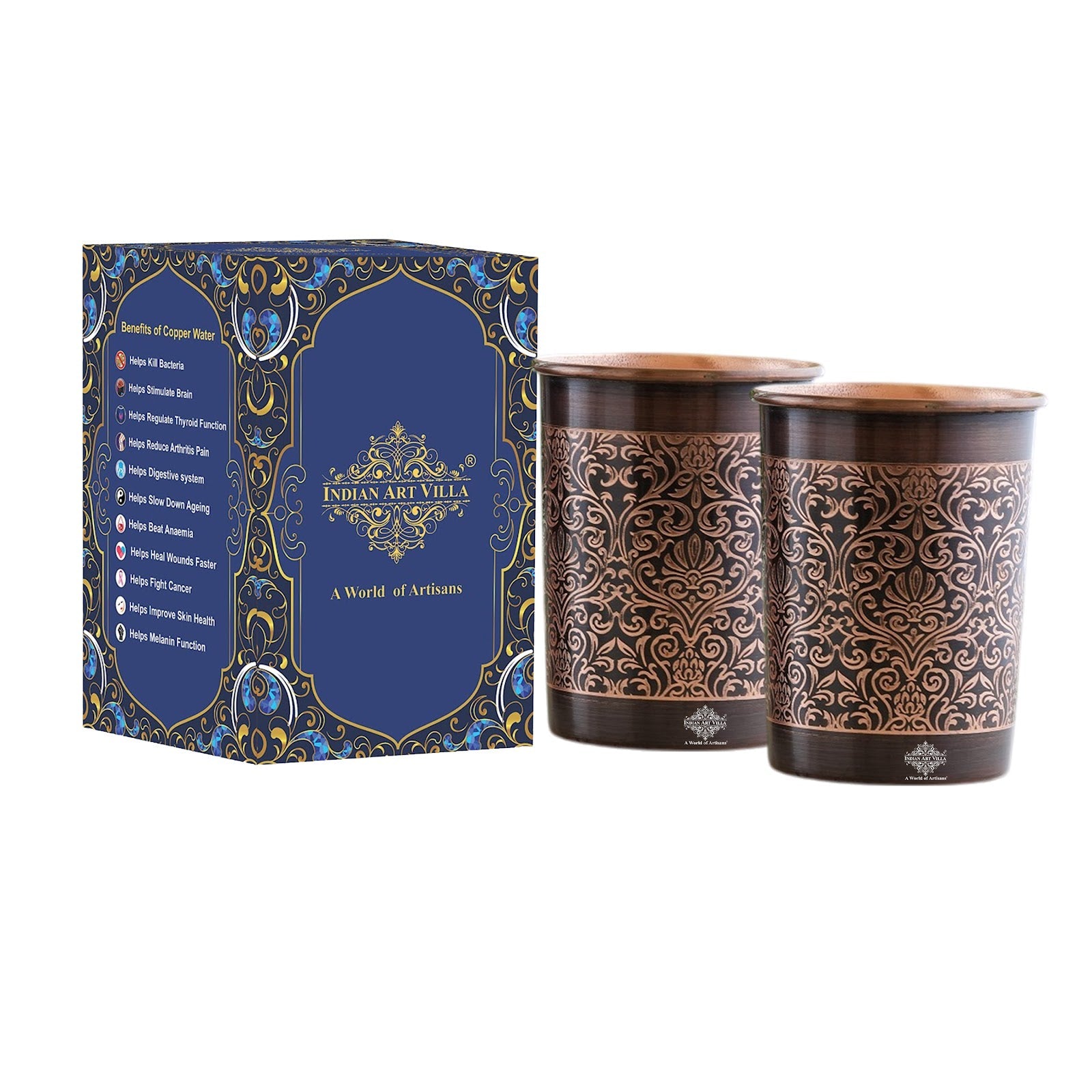Pure Copper Glass With Handcrafted Embossed Design 275 ML